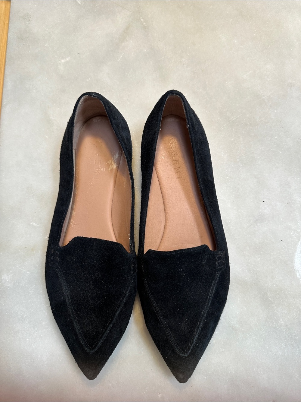 M Gémi Pointed Black Suede Women's Loafers with Cushioned Insole